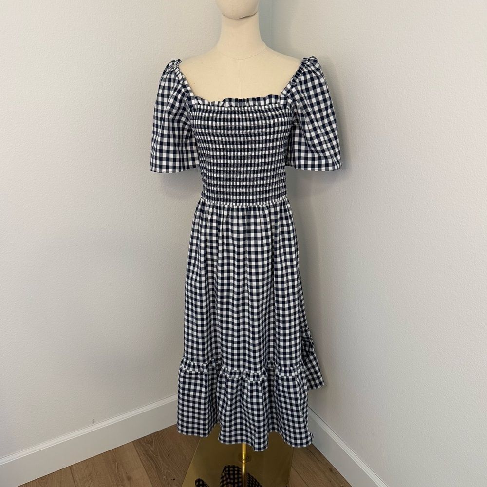 [Draper James] Navy Blue and White Ruffled Gingham Midi Sundress - Size Small